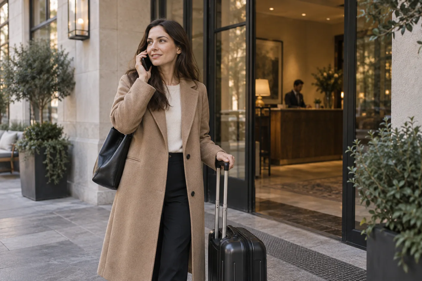 Traveller making a phone call with luggage at a hotel entrance
