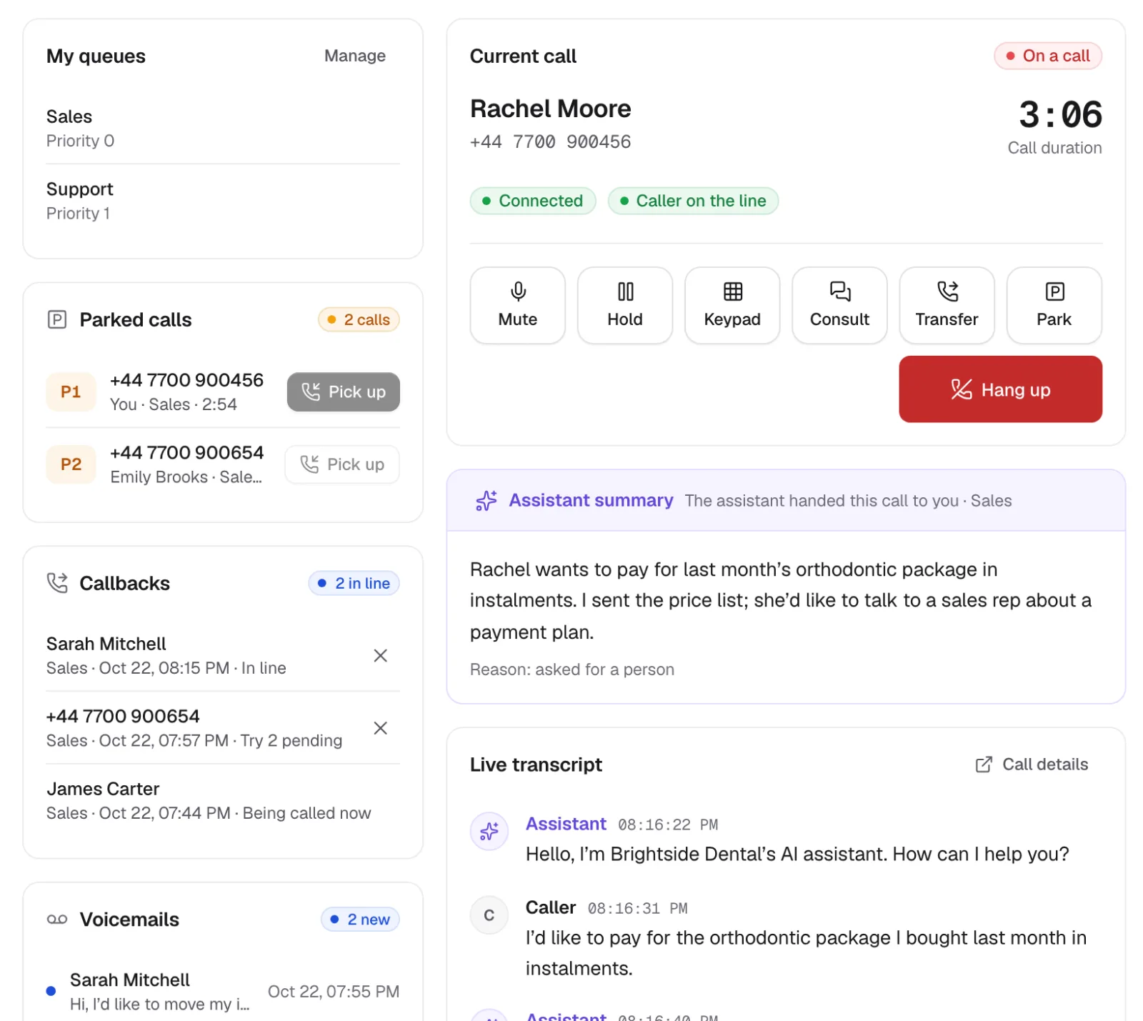 Speakline operator desk: queues, parked calls, the live call and the assistant’s handoff summary